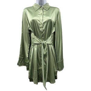 12th Tribe Sage Green Satin Button Down Shirt Dress Tie Waist Long Sleeve Sz S